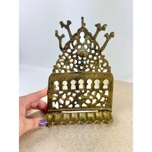 Antique ornate brass Menorah Judaica, Hanukkah Menorah, hanging oil lamp